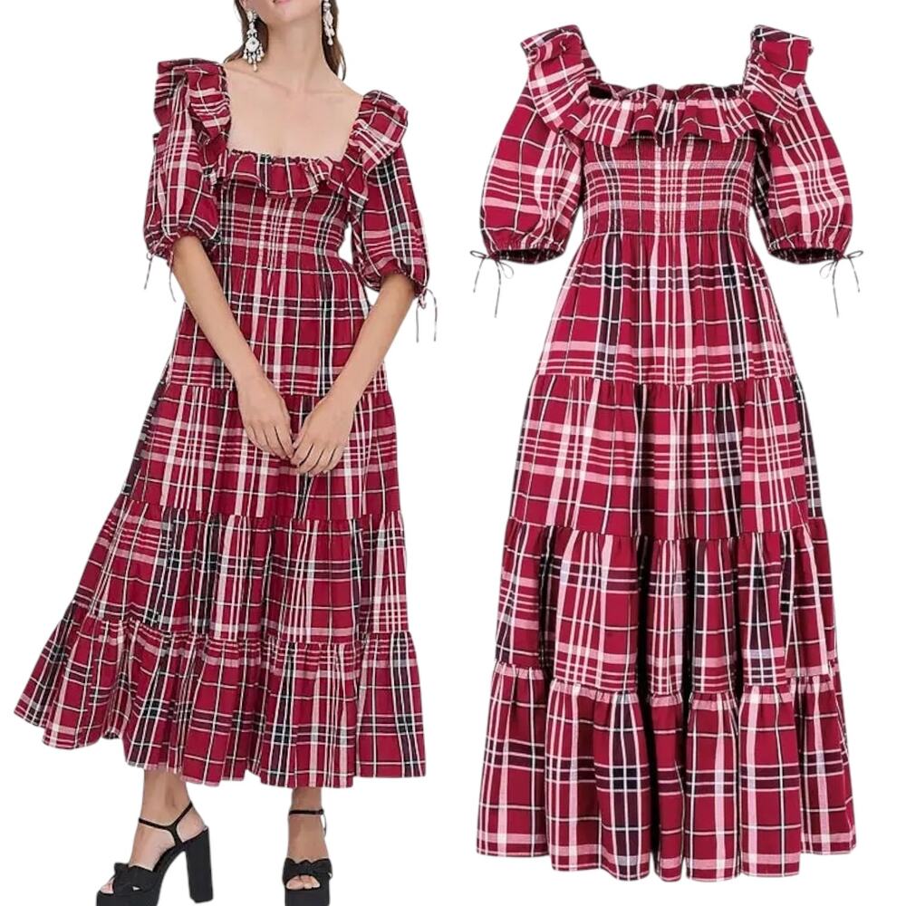 Hill House Home NWT 'The Corinne Nap Dress' Midi Crimson Tartan Plaid Red, Small